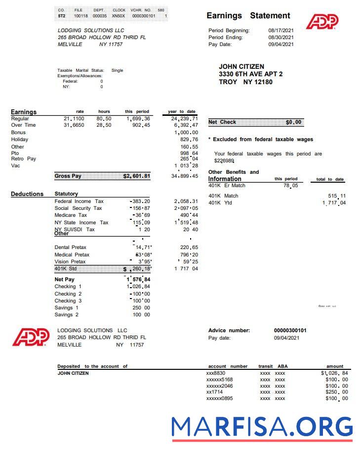 Blank USA ADP business corporate earnings statement word sample